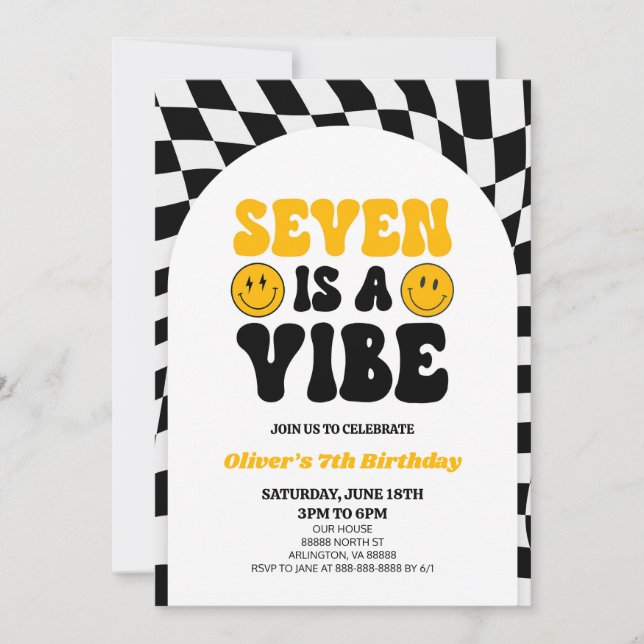 Seven Is A Vibe Retro First 7th Birthday Party Invitation (Front)