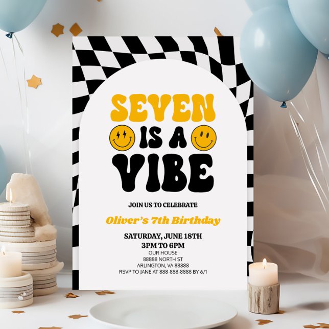 Seven Is A Vibe Retro First 7th Birthday Party Invitation (Creator Uploaded)