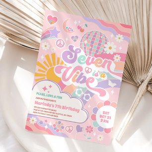 Seven Is A Vibe Retro Groovy Daisy 7th Birthday Invitation
