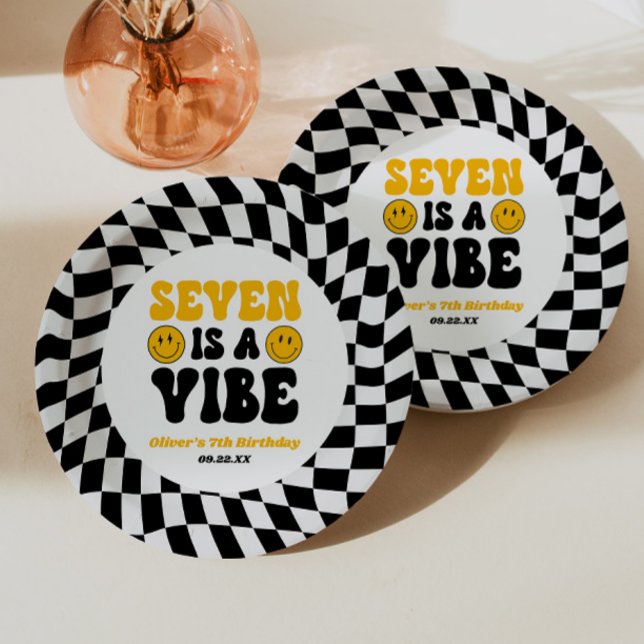 Seven Is A Vibe Retro Seventh 7th Birthday Party Paper Plates (Creator Uploaded)