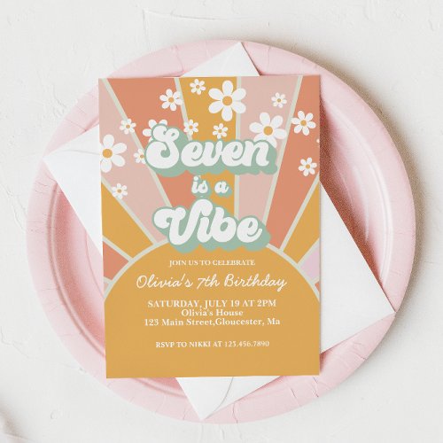 Seven is a Vibe Retro Sunshine daisy boho floral Invitation