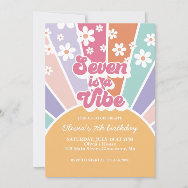 Seven is a Vibe Retro Sunshine Rainbow Daisy Invitation (Front)