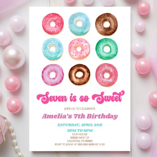 Seven Is So Sweet Donut 7th Birthday Party Invitation