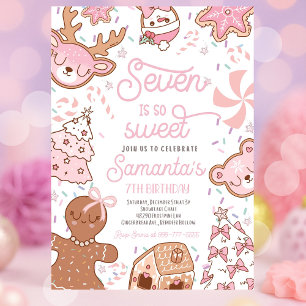 Seven Is So Sweet Girl Christmas Cookie Birthday Invitation