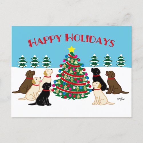 Seven Labradors and Christmas Tree Postcard