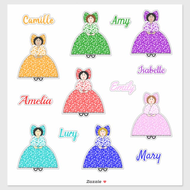 Seven Little Colonial Dolls with Names Sticker (Sheet)