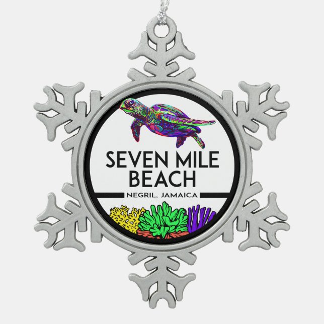 Seven Mile Beach Negril Jamaica Sea Turtle Snowflake Pewter Christmas Ornament (Front)