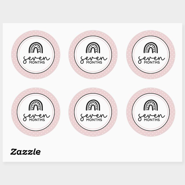 Seven months rainbows and polka dots milestone classic round sticker (Sheet)
