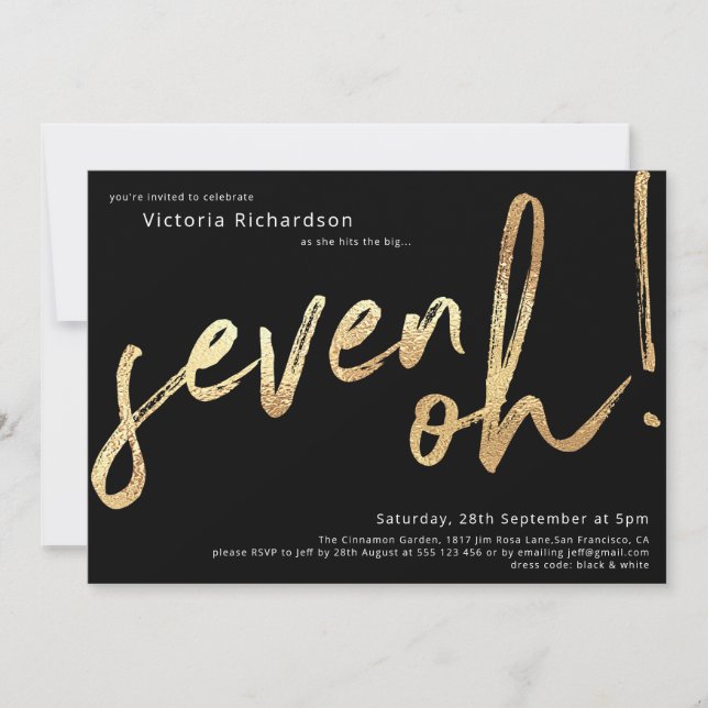 Seven Oh 70th Birthday Black Gold Foil Stylish Invitation (Front)