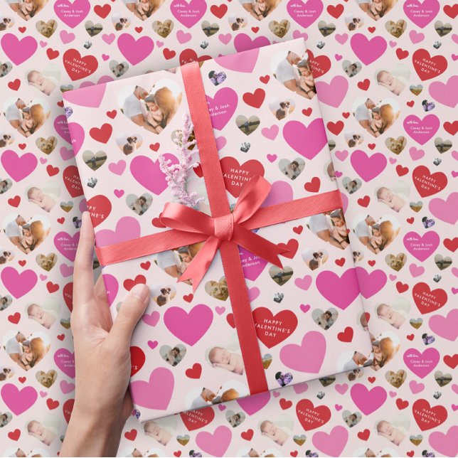 Seven Photo Valentine's Day Heart Wrapping Paper (cute pink and red Valentine's Day gift wrap with seven personalized photo hearts and custom text)