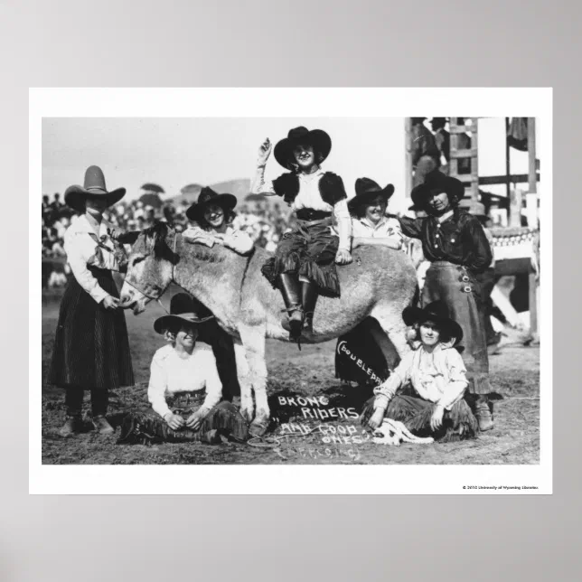 Seven rodeo cowgirls jokingly posing with a donkey poster | Zazzle