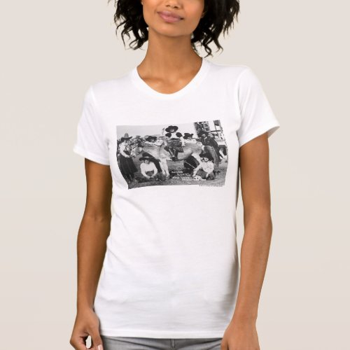 Seven rodeo cowgirls jokingly posing with a donkey T_Shirt