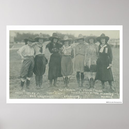 Seven rodeo cowgirls posing for a photograph poster