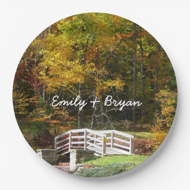 Seven Springs Fall Bridge I Autumn Landscape Paper Plates (Front)