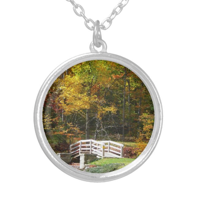 Seven Springs Fall Bridge I Autumn Landscape Silver Plated Necklace (Front)