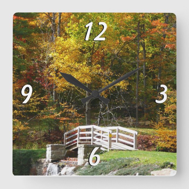 Seven Springs Fall Bridge I Autumn Landscape Square Wall Clock (Front)