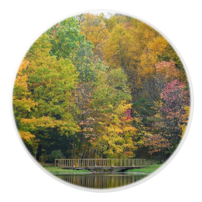 Seven Springs Fall Bridge II Autumn Landscape Ceramic Knob (Front)