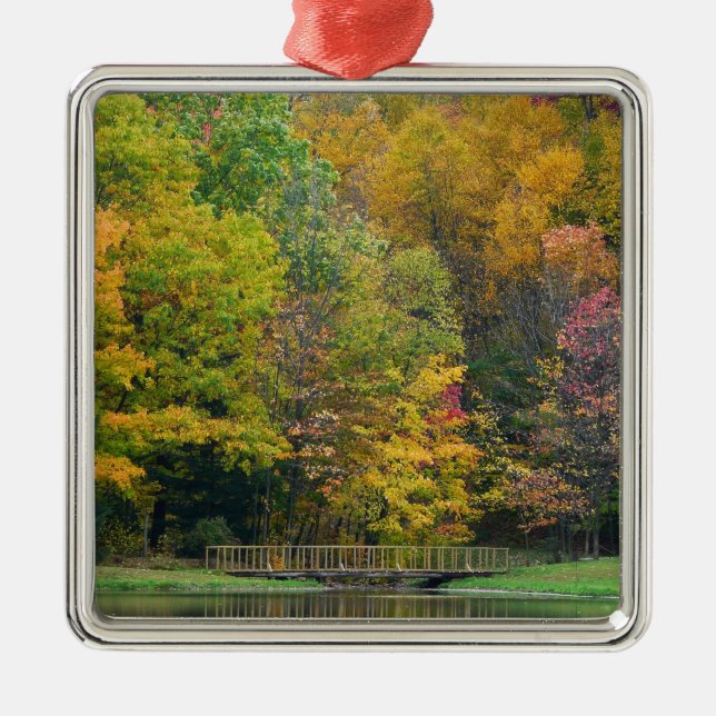 Seven Springs Fall Bridge II Autumn Landscape Metal Ornament (Front)