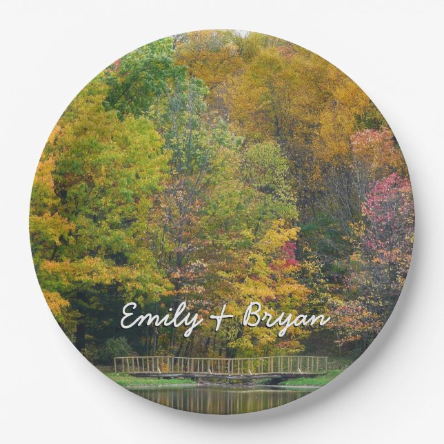 Seven Springs Fall Bridge II Autumn Landscape Paper Plates (Front)