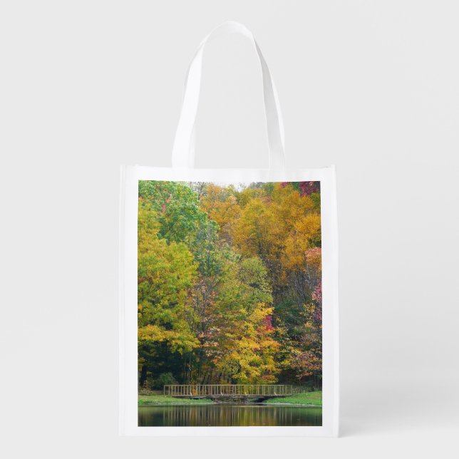 Seven Springs Fall Bridge II Autumn Landscape Reusable Grocery Bag (Front)