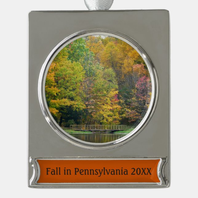 Seven Springs Fall Bridge II Autumn Landscape Silver Plated Banner Ornament (Front)