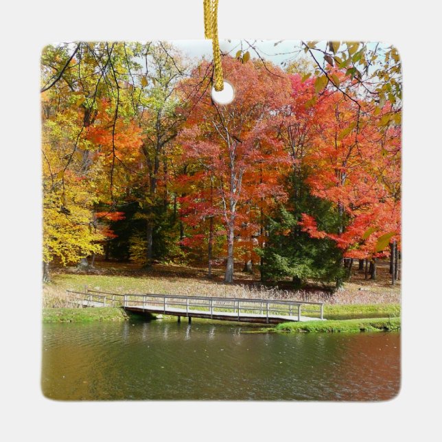 Seven Springs Fall Bridge III Autumn Landscape Ceramic Ornament (Front)