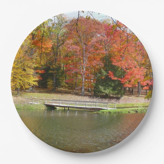 Seven Springs Fall Bridge III Autumn Landscape Paper Plates (Front)