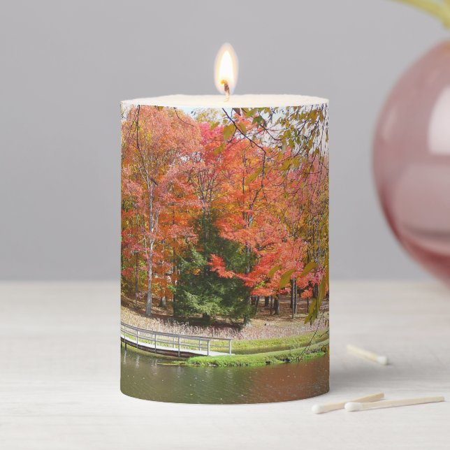 Seven Springs Fall Bridge III Autumn Landscape Pillar Candle (In Situ)