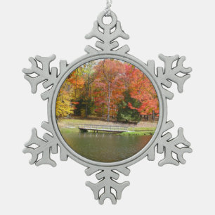 Seven Springs Fall Bridge III Autumn Landscape Snowflake Pewter Christmas Ornament