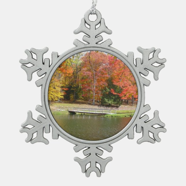 Seven Springs Fall Bridge III Autumn Landscape Snowflake Pewter Christmas Ornament (Front)