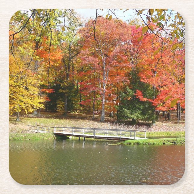 Seven Springs Fall Bridge III Autumn Landscape Square Paper Coaster (Front)