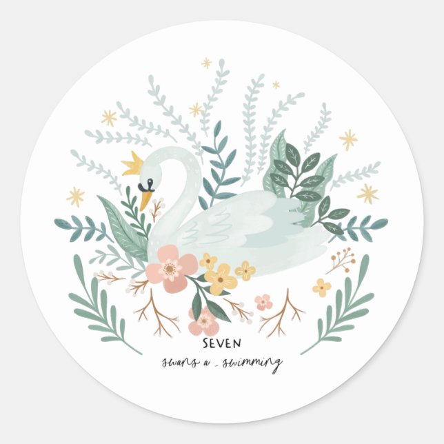 Seven Swans a-swimming 12 Days of Christmas Folk Classic Round Sticker (Front)