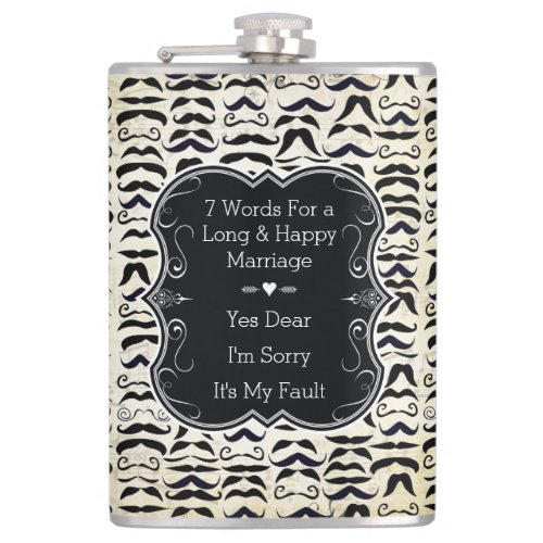 Seven Word for a Long and Happy Marriage Mustache Hip Flask