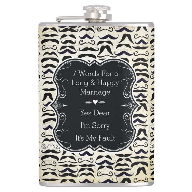 Seven Word for a Long and Happy Marriage Mustache Hip Flask (Front)