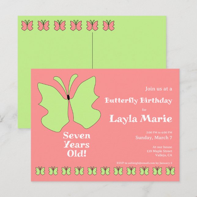  Seven Year Old Butterfly Birthday Party Postcard (Front/Back)