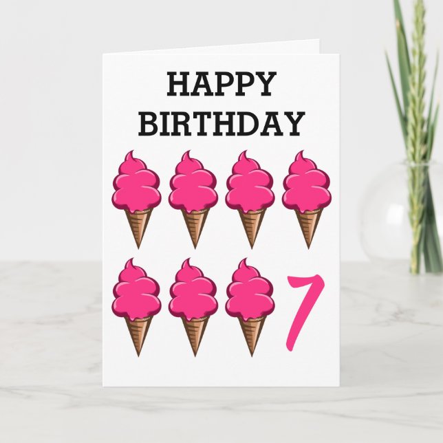 Seven year old Girls Birthday Cute Pink Ice Creams Card (Front)