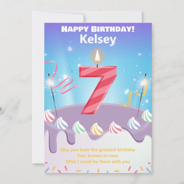 Seven year old Happy Birthday card personalized (Front)