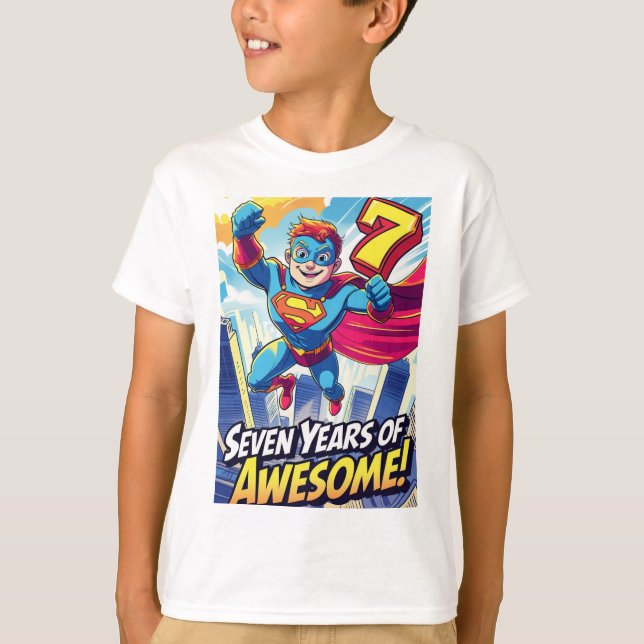 Seven Years of Awesome! – Comic Style 9th Birthday T-Shirt (Front)