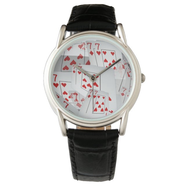 Sevens, Poker Cards, Mens Black Leather Watch. Watch (Front)