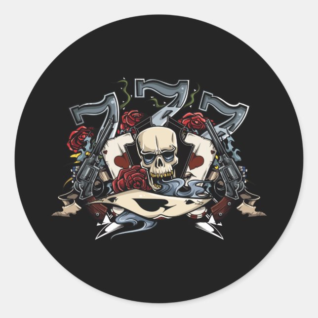 Sevens Skull Guns Roses Ace Of Spades Gambling Classic Round Sticker (Front)