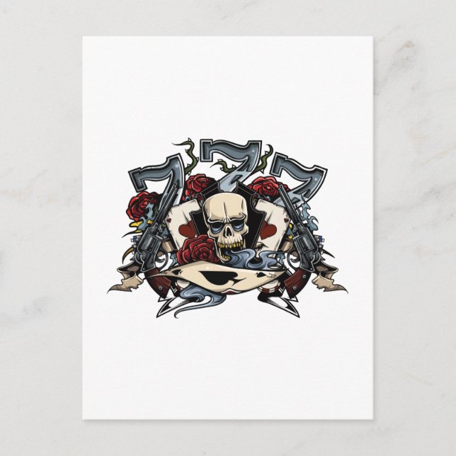 Sevens Skull Guns Roses Ace Of Spades Gambling Postcard (Front)