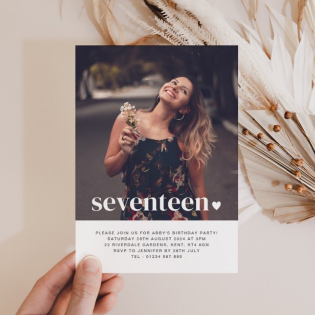 Seventeen Heart Photo Birthday Invitation  (Creator Uploaded)