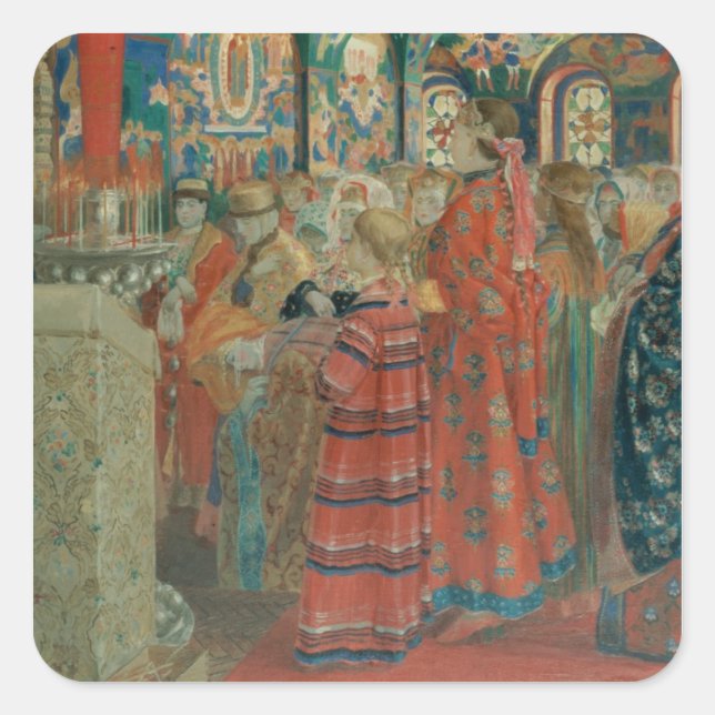 Seventeenth Century Russian Women at Church Square Sticker (Front)