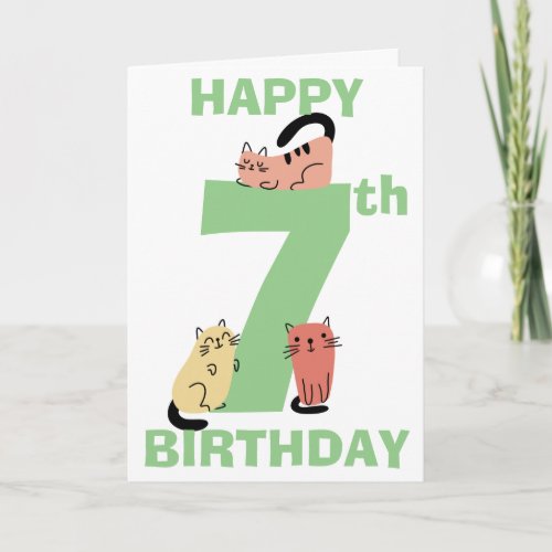 Seventh 7th Birthday Doodle Cats Custom Message Card