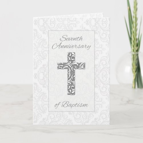 Seventh Anniversary Baptism Blessings Cross Swirls Card