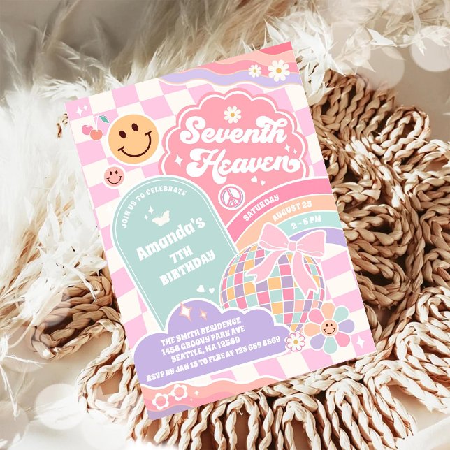 Seventh Heaven Cloud Rainbow Disco 7th Birthday Invitation (Creator Uploaded)