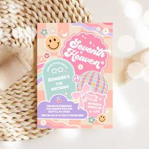 Seventh Heaven Cloud Rainbow Disco 7th Birthday  Invitation