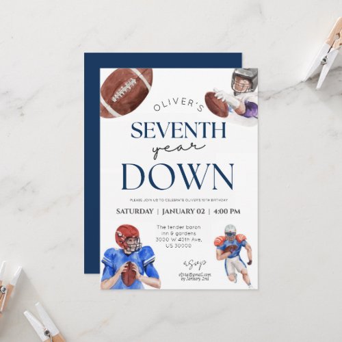 Seventh year down football theme boy 7th birthday invitation