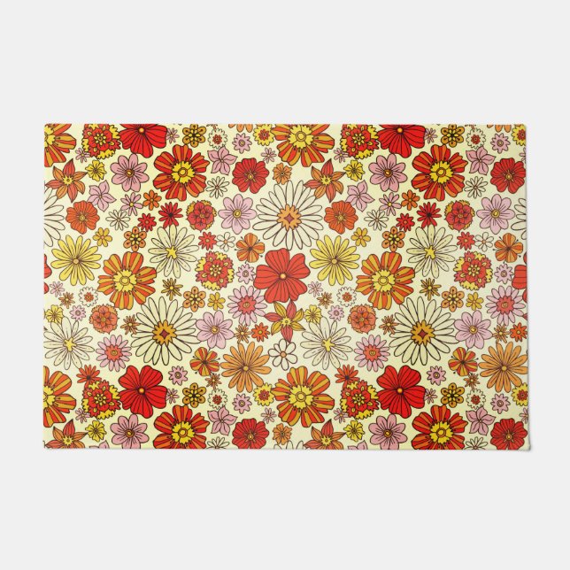 Seventies inspired warm floral print doormat (Front)