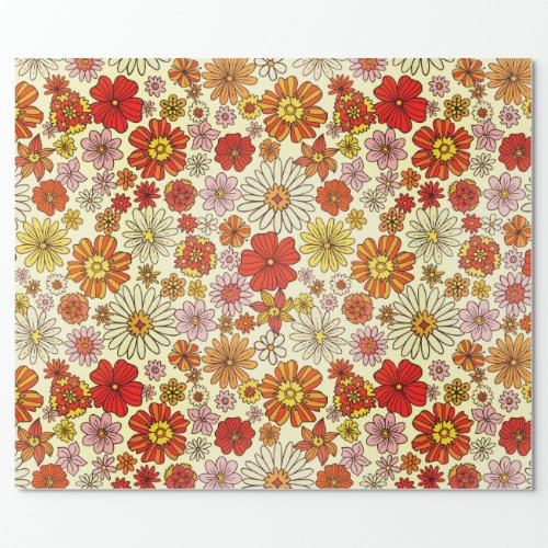 Seventies inspired warm floral print wrapping paper